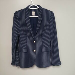 CHICO'S sz 0 Pinstripe Blazer Navy Blue White Two Pearl Button Notch Rayon Lined